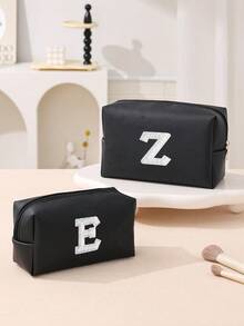1pc Women's Octagonal Makeup Bag, Travel Organizer Bag, Bridal Makeup Bag, PU Letter Makeup Bag, Portable Chenille Letter Zipper Makeup Bag, Letter Patch PU Leather Waterproof Travel Toiletry Bag, Letter Combination Cosmetic Bag (Letter A~Z), Suitable For Autumn Home Decor - Black and White Lettering - View 4