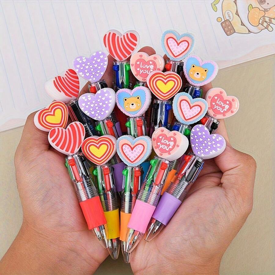10Pcs Random Style Novel Heart-Shaped 4-Color Retractable Ballpoint Pen | Valentine's/Wedding Season/Party Supplies Set For Office/Campus, Perfect Gift For Women (Back-To-School/Birthday/Christmas)