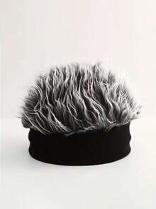 1pc Men's Personalized Knit Hat With Fake Hair, Novelty Men's Wig Hat, Fashionable Brimless Hat, Men's Party Costume Accessory, Sports Short Hair Prank Wig Hat, With Gray Fluffy Wig, Black And White Headband, Fun Party Accessory, Includes Straight Hair, Soft Texture