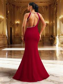 Women's Elegant Red Backless Satin High Slit Backless Dress, Suitable For Balls And Banquets - Red - View 2