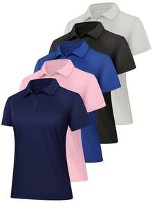 Veldtholos 5 Pack Women's Polo Shirts Short Sleeve 3 Buttons Collared Uniform Tops Moisture-Wicking T-Shirts For Work & Casual - MIX COLOR B - View 1