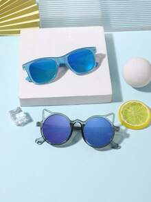 1 Set 2 PCS Boy's And Girl's 6-10Y Square And Round Cat Ears Frame Blue Fashion Glasses For Holiday Vacation With Glasses Box - Multicolor - View 10