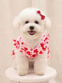 PETSIN 情人節1件粉色愛心和紅色蝴蝶結設計的可愛寵物短袖印花連衣裙（適用於貓狗） - 彩色 - 查看 8