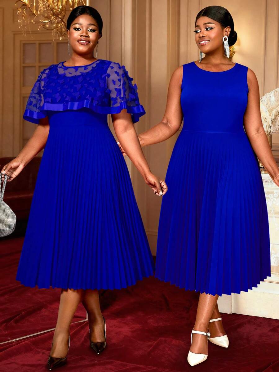 Plus Size Women Blue Butterfly Mesh Sleeve High Waist Ruffle Formal Dress - Royal Blue - View 1