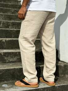 Men's Casual Solid Color Pocket Drawstring Loose Linen Pants, Comfortable For Spring, Summer, Autumn And Winter - Beige - View 4