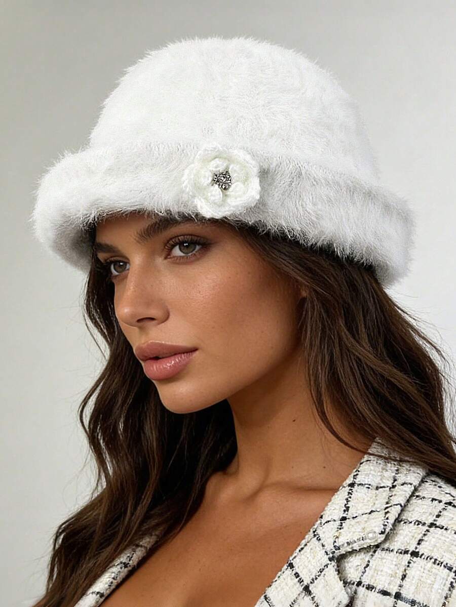 1pc High-End Rabbit Fur Bucket Hat, Large Head Circumference, Autumn/Winter - Flower Bucket Hat - View 1