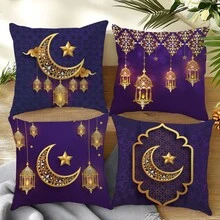 Ramadan Kareem Vintage lila Mond Laterne dekorativer Kissenbezug 4-teiliges Set, einseitig aus weichem Pfirsich-Samt, 45*45CM Kissenbezug geeignet für Raumdekoration, Innensofa Wohnzimmer Dekoration, Party Dekoration, dekorativer Kissenbezug als Geschenk - Verschiedenfarbig - Übersicht 10