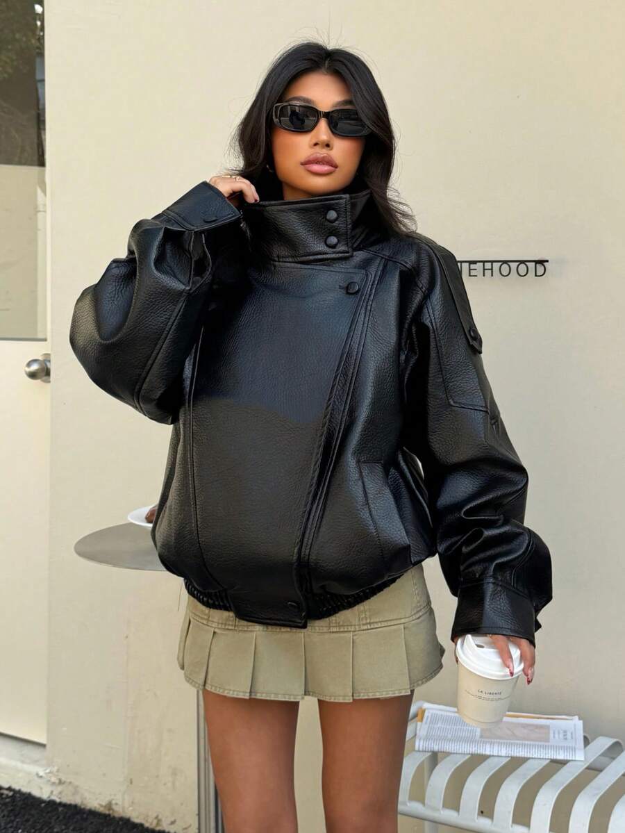 Seelio Autumn/Winter New Women's Fashion Leather Jacket, Minimalist European Style, Versatile Litchi Texture - Black - View 1