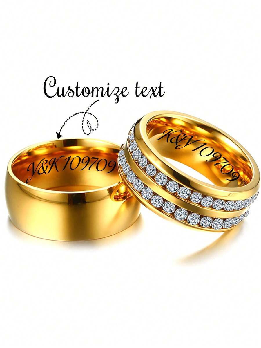 1 chiếc nhẫn đôi bằng thép không gỉ mạ vàng 18K, thiết kế tối giản khắc tên theo yêu cầu, thích hợp làm quà tặng cho bạn trai, bạn gái, nhân dịp Lễ Tình nhân, kỷ niệm, Lễ Tạ ơn, Giáng sinh. - Vàng - Xem 1