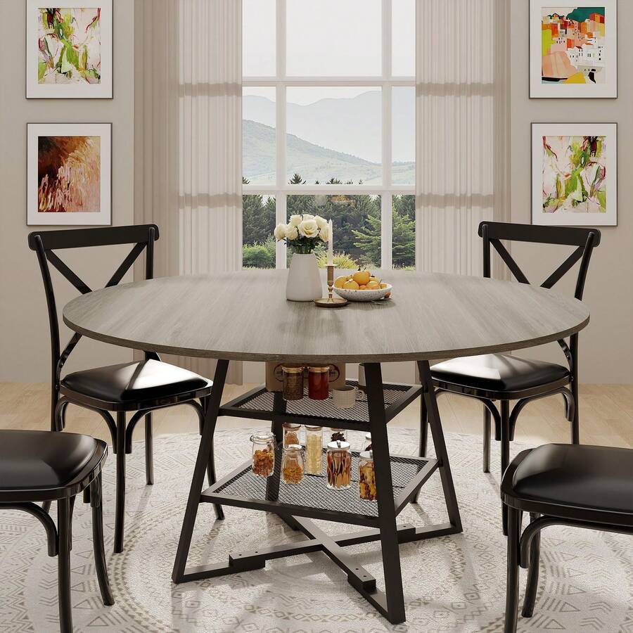 Juego de Mesa Redonda para Comedor de 4 a 6 Personas, Mesa de Comedor Circular con Base de Metal, Mesa Redonda de Madera de, mesas de Cocina de Madera con Estante de - Gris - 42 pulgadas - Ver 1