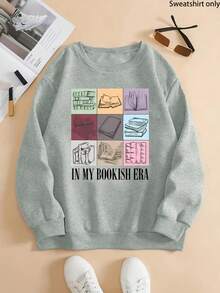 1pc Women's Book-Themed Graphic Crew Neck Sweater - "In My Bookish Era" Slogan, Cozy Grey Pullover With Color Block Book Illustrations, Casual Long Sleeve Sweater For Autumn/Winter, Machine Washable Book Lover Gift,,,Valentine Outfits For Women, Game Day Oversized Sweatshirts,St. Patrick's Day,Back To School Casual Sweatshirts - 淺灰色 - 查看 1