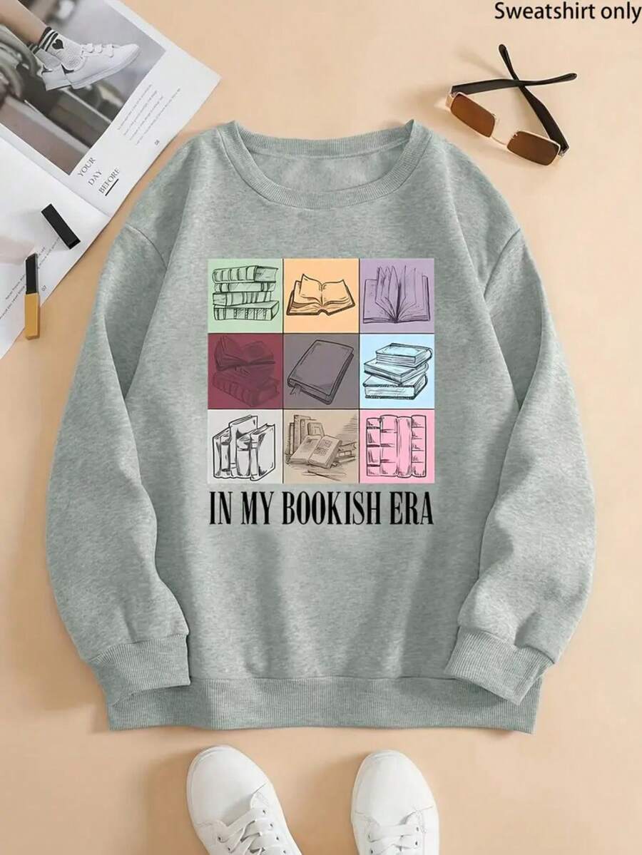 1pc Women's Book-Themed Graphic Crew Neck Sweater - "In My Bookish Era" Slogan, Cozy Grey Pullover With Color Block Book Illustrations, Casual Long Sleeve Sweater For Autumn/Winter, Machine Washable Book Lover Gift,,,Valentine Outfits For Women, Game Day Oversized Sweatshirts,St. Patrick's Day,Back To School Casual Sweatshirts - 淺灰色 - 查看 1