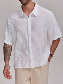 1pc Men's White Textured Plaid Collar Single-Breasted Short Sleeve Shirt, Stylish & Versatile Men's Polo Shirt For Casual, Work, Holiday Parties, Elegant Gift For Father, Boyfriend, Dad, Friend - White - View 13