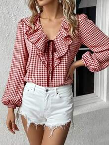 Chemise à manches longues avec col à volants pour femmes grandes tailles, col en V, boutons devant, rouge et pied-de-poule. Élégante et convient aux occasions décontractées et formelles (sans rembourrage), printemps - Rouge - Voir 2