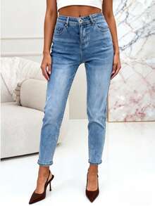 女士長褲 女用牛仔褲 MOM FIT 女褲MOM 愛心 皮帶扣 口袋 帶彈性 褲型 洗水 寬鬆 舒適簡帶鬆緊約時尚日常穿搭 秋季 冬季 - 藍 - 查看 1