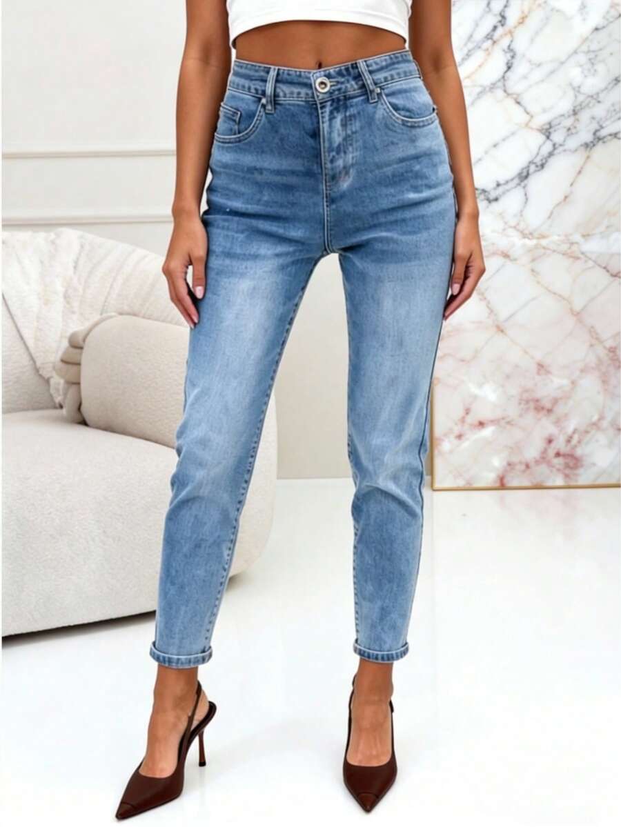 女士長褲 女用牛仔褲 MOM FIT 女褲MOM 愛心 皮帶扣 口袋 帶彈性 褲型 洗水 寬鬆 舒適簡帶鬆緊約時尚日常穿搭 秋季 冬季 - 藍 - 查看 1