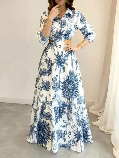 Đầm dài tay in họa tiết thường ngày dành cho nữ, kiểu dáng thanh lịch mùa xuân.