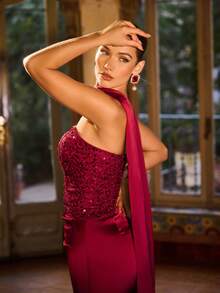 Faeriesty Elegant Sequin 2 Pieces Dress - Strapless Sleeveless Mermaid Gown With Ruffle Hem And Detachable Neck Scarf - Perfect For Formal Galas, Weddings, Awards Ceremonies, Anniversaries, And Red Carpet Events - Burgundy - View 12