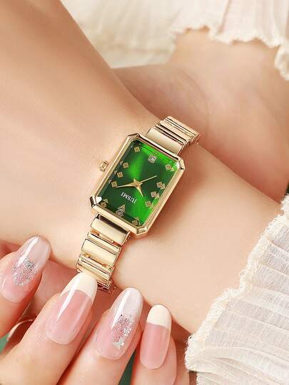  1pc Emerald Green Dial JUSMI Women's Quartz Watch, Elegant Retro Luxury Wristwatch With Gold/Two-Tone Stainless Steel Band, Suitable For Women's Daily Wear Or As A Gift For Christmas, Valentine's Day, Ramadan, Eid, Carnival