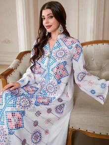 刺绣长款阿拉伯连衣裙，V领设计，饰有流苏和亮片，梭织面料 - 白色 - 查看 2