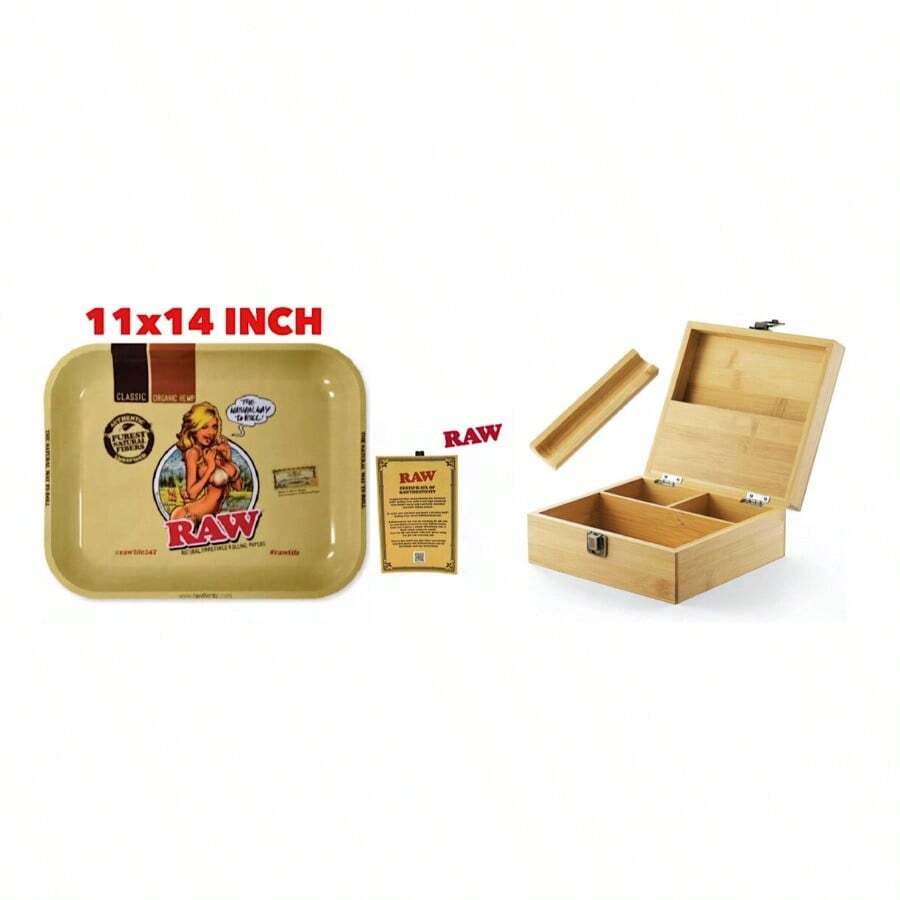 RAW Large Rolling Metal Tray 11 X14 Girl +<Wbr/>Bamboo Large Handmade Box - như hình - Xem 1