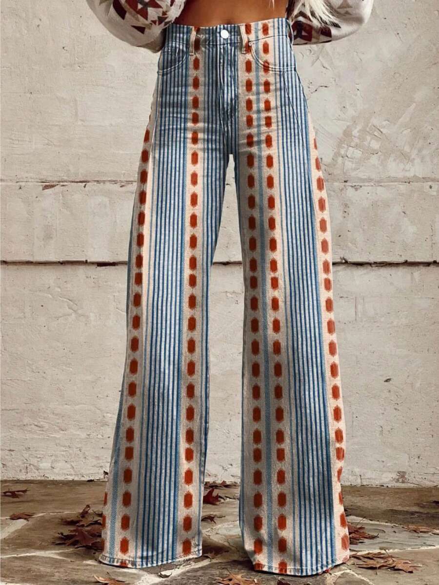 Imitation Faux Denim Are A Printing Design Combining Stripes And Brown Patterns. Blue And White Stripes Are Matched With Brown Dots Block Patterns. The Style Is Simple And Versatile, With A Retro American Style, Faux Denim For Women Extra Long - 黑色 - 查看 1