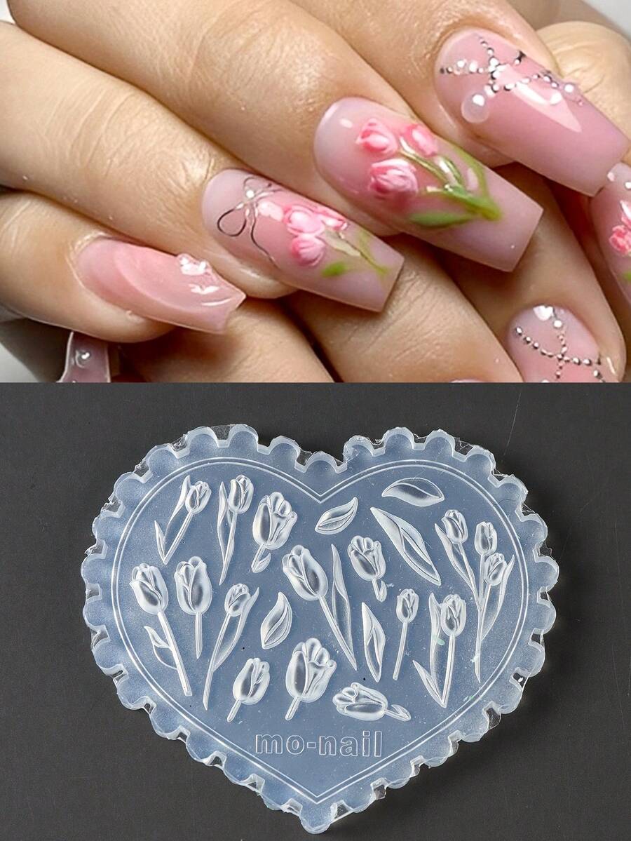 心形硅胶美甲雕刻模具 3D郁金香花叶设计凝胶印花模板 UV凝胶指甲油印花板美甲模板工具美甲用品 - 無色 - 查看 1