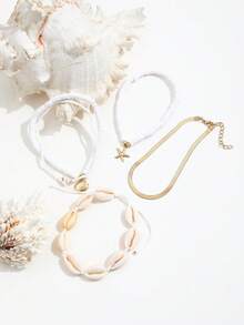 5 Stück/Set Boho-Stil Perlen Fußkettchen Set mit Muscheln, Perlen & Seestern Anhängern als Schmuckgeschenk für Frauen am Strand - Verschiedenfarbig - Übersicht 4