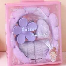 5件套柔和粉蓝色花朵发饰及腕饰套装 - 无缝发夹、发带、腕带 - 易于清洁、可水洗、亲肤，浅米色，适合生日派对、日常佩戴，理想的礼盒包装