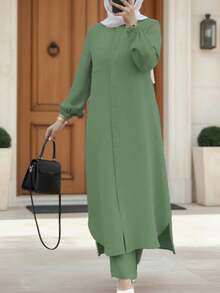 Women's Elegant Casual Solid Color Button Design Long Jacket With Lantern Sleeves And Wide Leg Pants Set, Fashionable Casual Cute Style Dress, Suitable For Spring, Summer, Autumn And Winter - Green - View 4