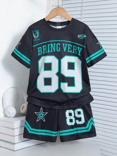 2pcs/Set Boys Casual Graphic Print Dropped Shoulder Short Sleeve Top And Elastic Waist Shorts, Summer Outfit