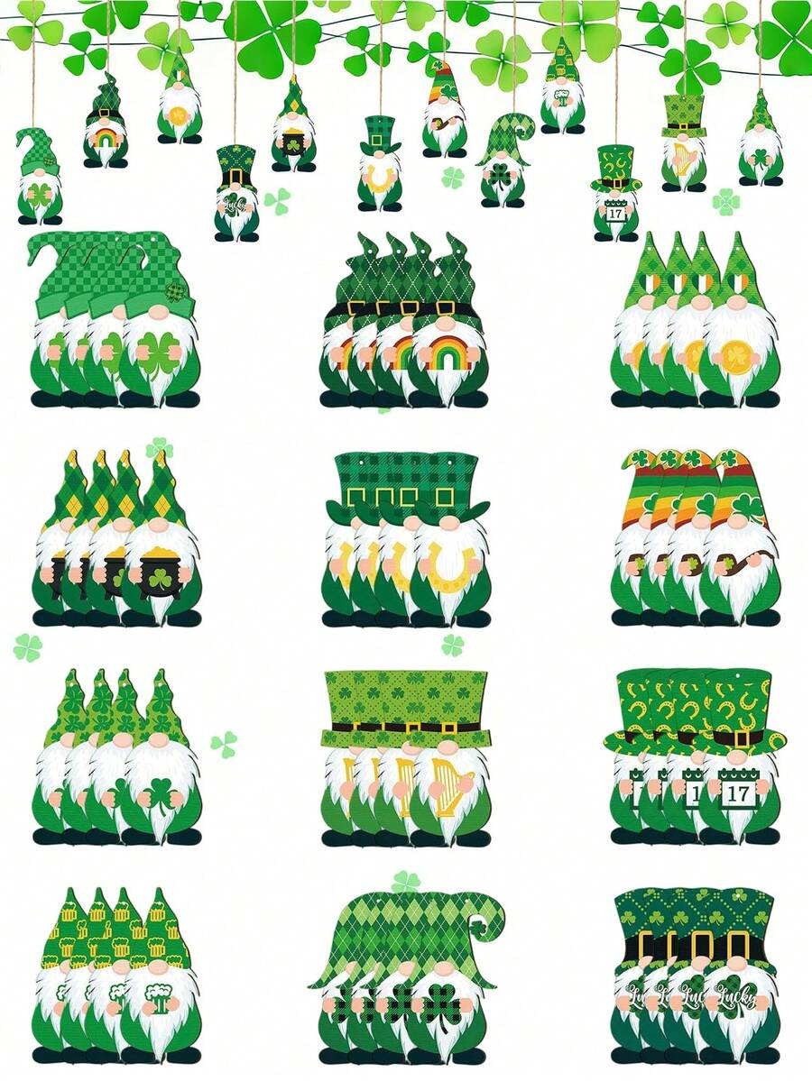 12pcs St. Patrick's Day Wooden Gnome Ornaments Decoration, Green Clover Pattern, Hanging Ornaments For Small Christmas Tree, Crafts, Party And Holiday Decor - Multicolor - View 1