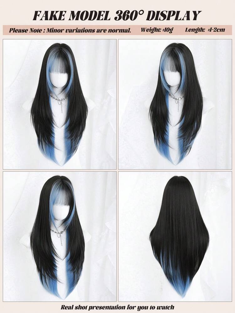 NAMM 26 Inch HigHlight Blue Long Straight Wigs High Layered 150% Density Fashion Wigs For Women Daily Party Use Heat Resistant Synthetic Wig , Full Machine Beautiful Costume Wig For Girls Daily,Halloween Wig, Music Festival Party Street Wear, Cosplay Anime Or Costume Use(Natural Layered Texture & Lightweight) - Blue Highlight - View 5