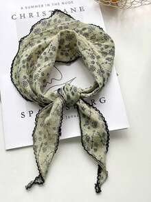 1pc Women's Triangular Scarf Neck Gaiter, Floral Print Fashion Versatile Headwear, Spring - Green - View 2