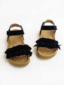 1双时尚纯色蕾丝优雅魔术贴女童平底凉鞋，舒适耐穿，适合户外活动和夏季穿着。 - 黑色 - 查看 2