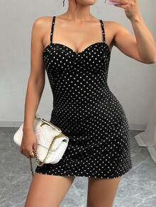 新款性感修身优雅迷你吊带裙，夏季/波点连衣裙 - 黑色 - 查看 6