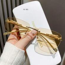 1 Pair Fashionable Personalized Small Frame Hip Hop Fashion Glasses, High-End Unisex Ins Street Style Frameless Glasses - Gold Frame Tea Leaves - View 6