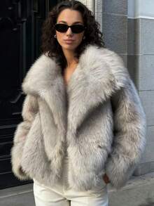 Women's Elegant Commuting And Street-Going College Simple Fashion Casual Versatile, Large Lapel Long Sleeve Gray Fine Fleece With Hidden Buttons Fake Fur Coat,Suitable For Halloween, Christmas Eve - Light Grey - View 3