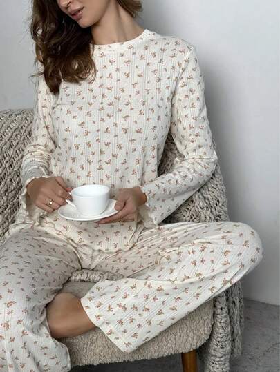 2pcs Women Floral Print Flare Sleeve Round Neck Top And Wide Leg Pants Pajama Set, Suitable For Loungewear