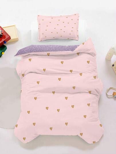 1/2-delars set rosa och lila sängkläder för småbarn - guldfärgat hjärtmönster för barn, sött och avslappnat påslakanset, unisex för pojkar och flickor, färgglatt, perfekt present