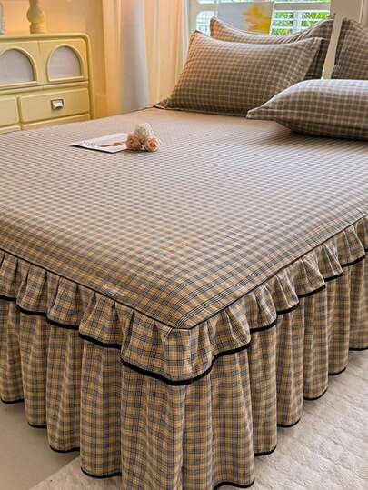 Bohemisk blommig sängkjol med dubbel volang, 3 delar (1 sängkjol + 2 örngott), elegant, fräsch pastoral stil, lämplig för dubbel-/enkelsäng, sovrumssängkläder, året runt