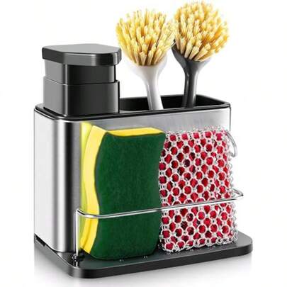 3 en 1 Dispensador de Jabón con Soporte para Esponja y Soporte para CepilloAcero Inoxidable Dispensador de Jabón para Platos Rellenable de 300 ml para Organizar el Fregadero de La Cocina
