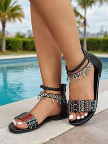 1 Pair Girls' Retro Roman Sandals, Bohemian Style, Quality PU Customized Handmade Beaded Zipper Design Flat Protective Foot Suitable For 3-15 Years Old Girls, Elementary Students, Summer Outing, Party, Versatile - Black - View 2