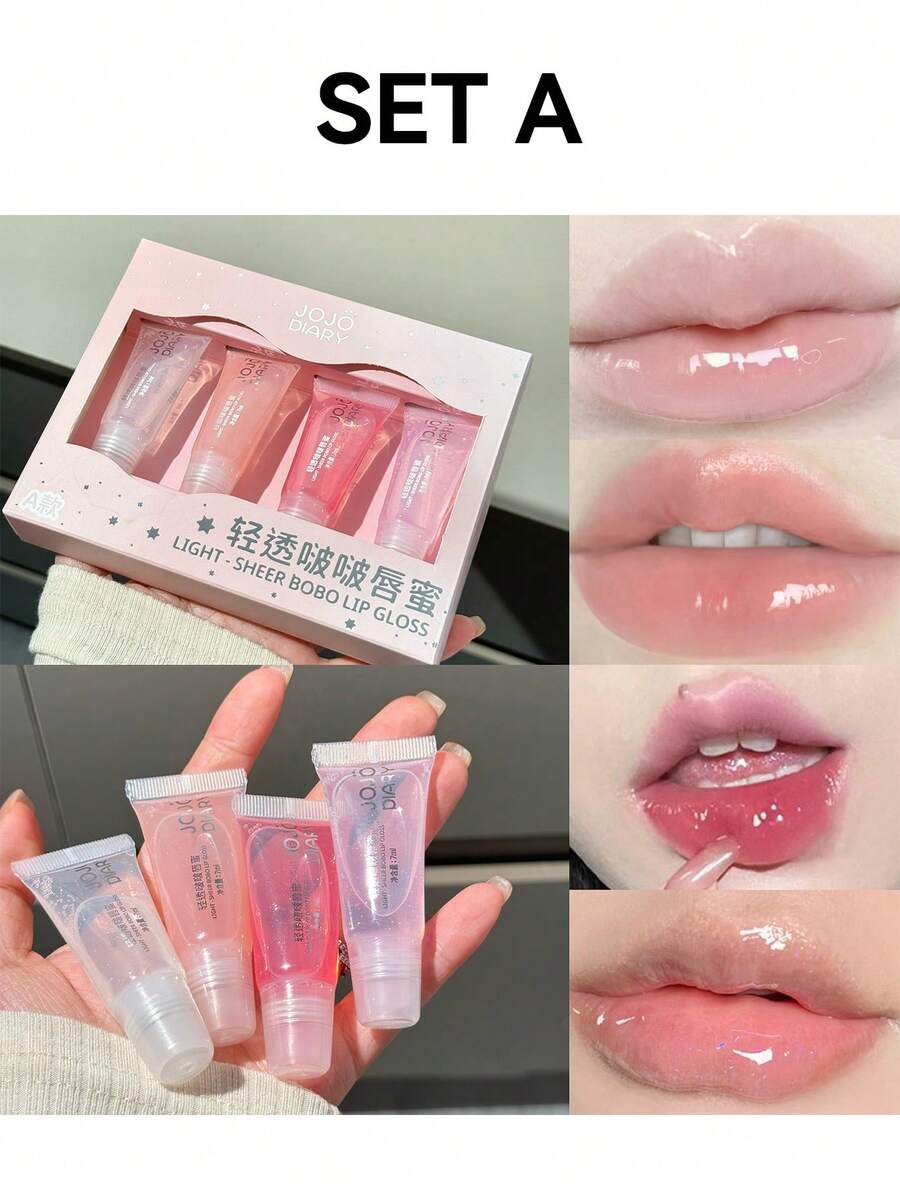 4 piezas Juego de brillo de labios transparente, Juego de mascarilla labial hidratante y sin pegajosidad, Adecuado para otoño/invierno - Multisabor - Ver 1