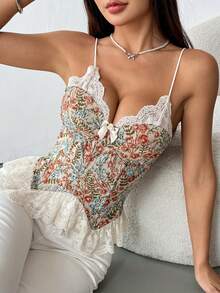 Vexica Women's Floral Lace Trim Corset Top, Vintage Cottagecore Bustier For Spring Brunch, Picnic Date & Vacation Outfit - Multicolor - View 7