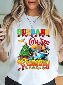100% Algodón Camiseta de Navidad para Parejas de Crucero, Marido y Mujer, Camiseta de Algodón para Verano, Top de Manga Corta Suave para Mujeres, Camiseta Estilosa y Cómoda para Mujeres, Camisetas Gráficas - Blanco - Ver 6