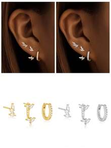 3pcs 925 Sterling Silver Classic Geometric Cubic Zirconia Stud Earrings Set, Exquisite Jewelry Suitable For Women's Daily, Party And Holiday Wear