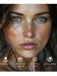 闪亮雀斑，6片装闪亮雀斑脸部纹身贴，女士闪亮雀斑，防水金色临时脸部纹身，闪亮提亮贴片，化妆贴片，狂欢节（金色） - 金色 - 查看 2