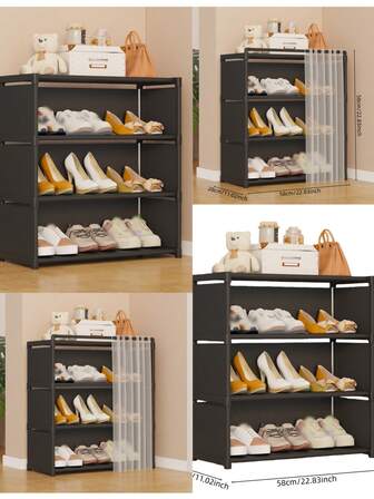 1 قطعة رف أحذية متعدد الطبقات مقاوم للغبار مع ستارة، منظم أحذية للمدخل بسعة كبيرة، قابل للطي وتوفير المساحة، تصميم أسود بسيط، مناسب للأحذية الرياضية والكعب العالي، حل تخزين الأحذية للمنزل/السكن الجامعي