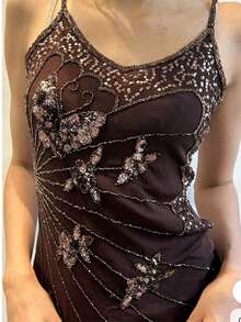 Women V Neck Sequin Cami Top .Y See Through Strape Camisole Cute Beaded Top Going Out Party Outfits - 深棕 - 查看 2